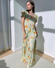 Load image into Gallery viewer, Silk Satin Green Floral Dress