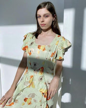 Load image into Gallery viewer, Silk Satin Green Floral Dress