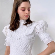 Load image into Gallery viewer, French 1970s Crisp White Cotton Eyelet Lace Dress w/ Puff Sleeves, Rare, Size XS
