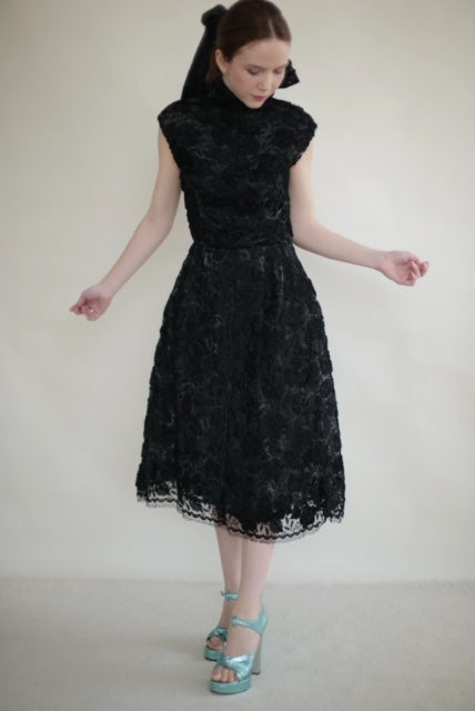 Black Couture Dress with 3D Ribbon Flowers