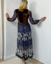 Load image into Gallery viewer, 1970s dress with fitted velvet patchwork bodice and flowing floral metallic silk chiffon

