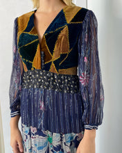Load image into Gallery viewer, 1970s dress with fitted velvet patchwork bodice and flowing floral metallic silk chiffon
