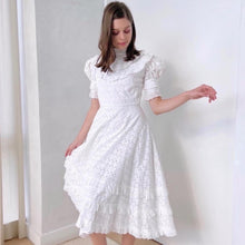 Load image into Gallery viewer, French 1970s Crisp White Cotton Eyelet Lace Dress w/ Puff Sleeves, Rare, Size XS
