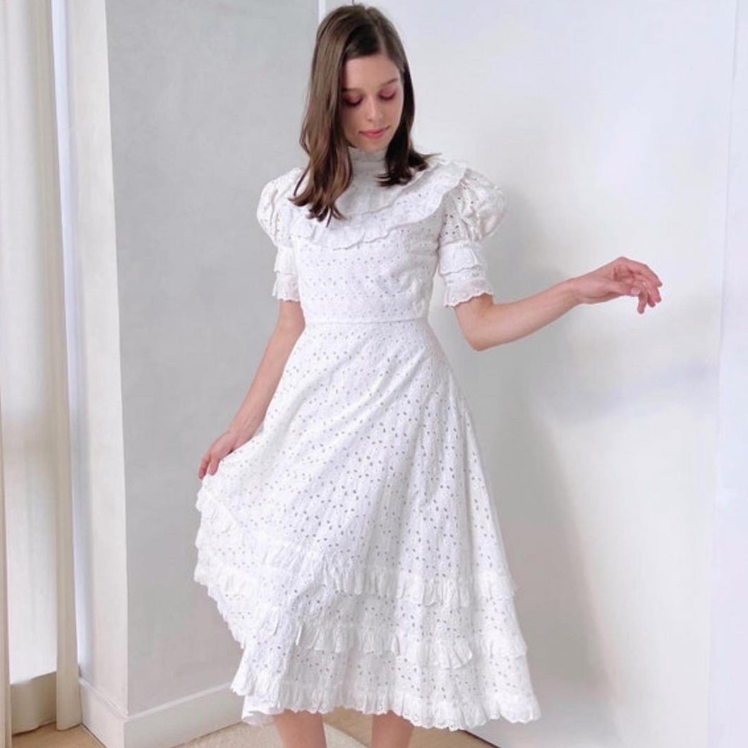French 1970s Crisp White Cotton Eyelet Lace Dress w/ Puff Sleeves