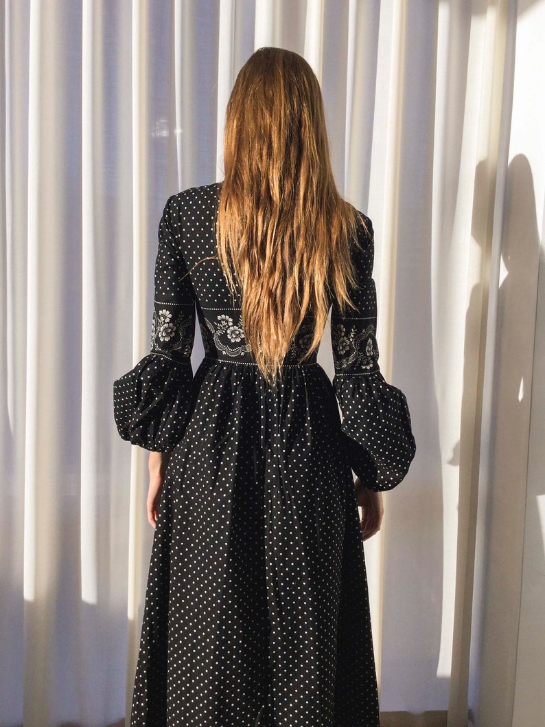 boho polka dot dress Green Polka Dot Lacy Neckline Smocked High Waist Maxi Dress S